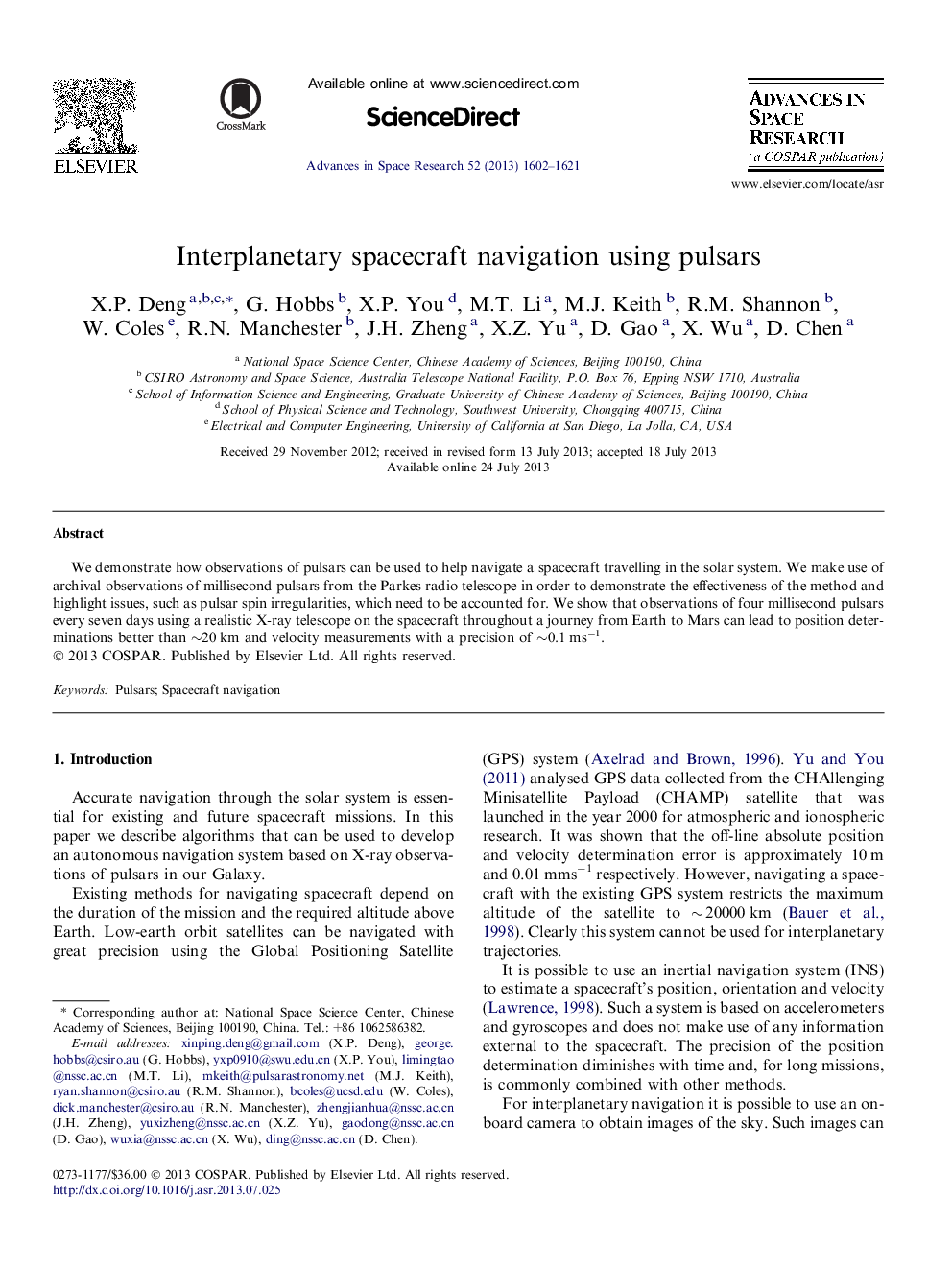 Interplanetary spacecraft navigation using pulsars