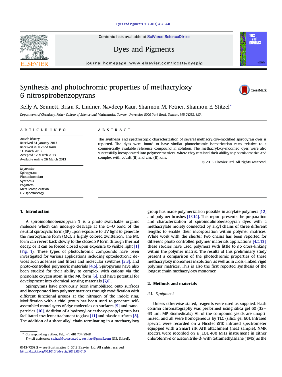 Synthesis and photochromic properties of methacryloxy 6-nitrospirobenzopyrans