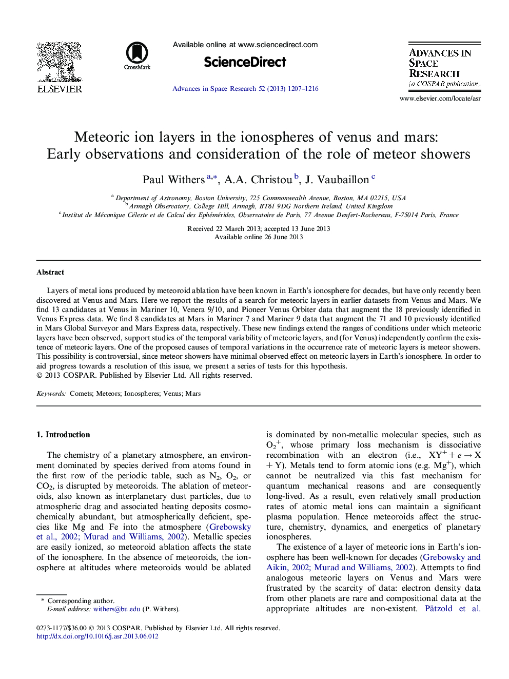 Meteoric ion layers in the ionospheres of venus and mars: Early observations and consideration of the role of meteor showers