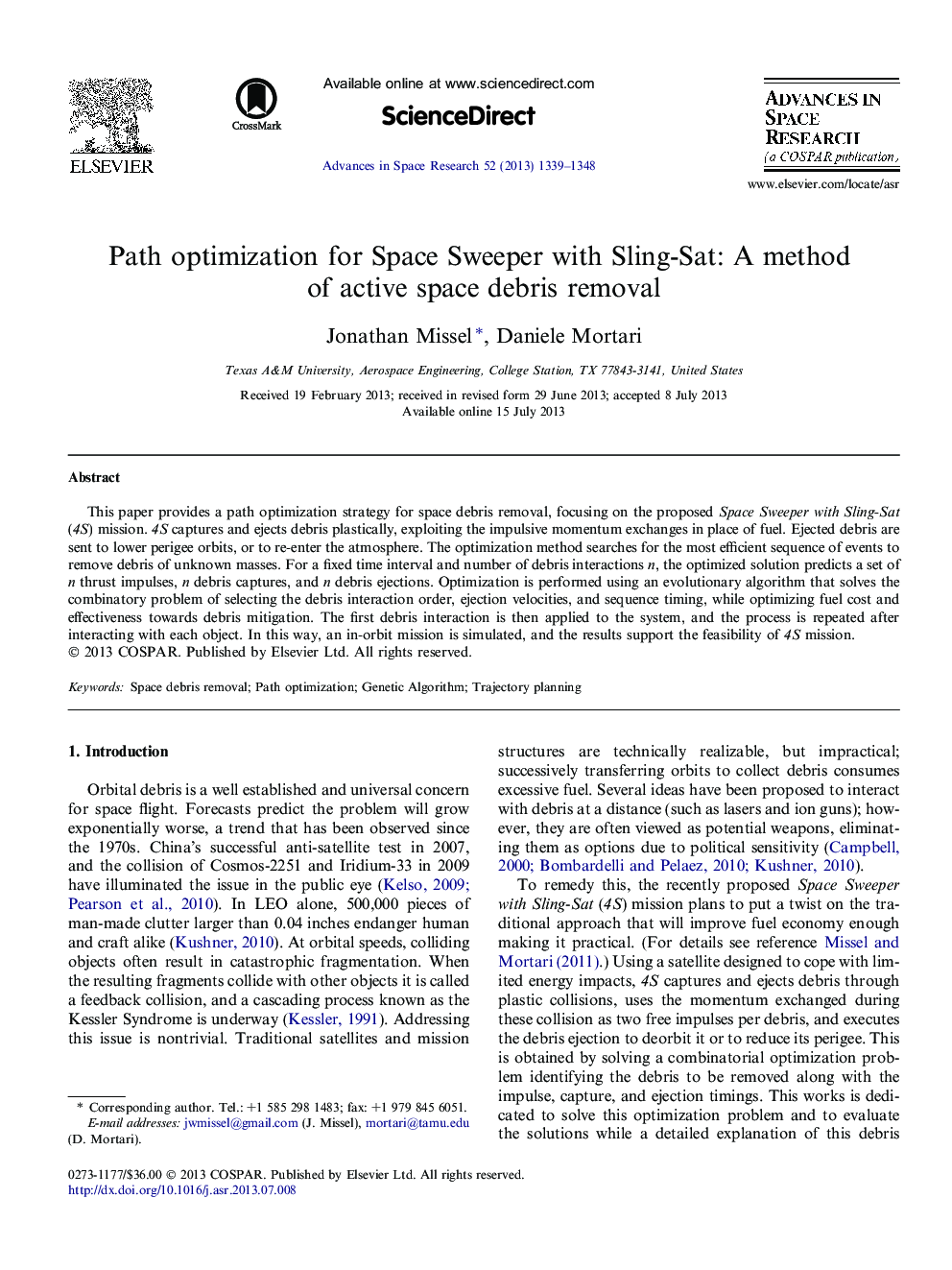 Path optimization for Space Sweeper with Sling-Sat: A method of active space debris removal