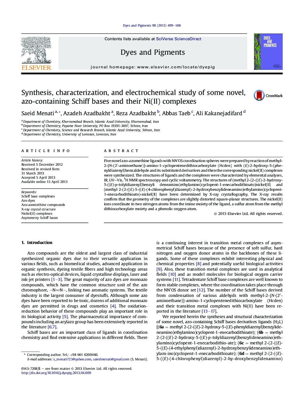 Synthesis, characterization, and electrochemical study of some novel, azo-containing Schiff bases and their Ni(II) complexes
