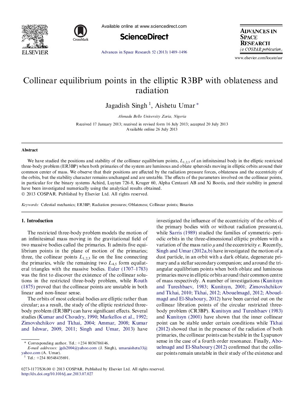 Collinear equilibrium points in the elliptic R3BP with oblateness and radiation