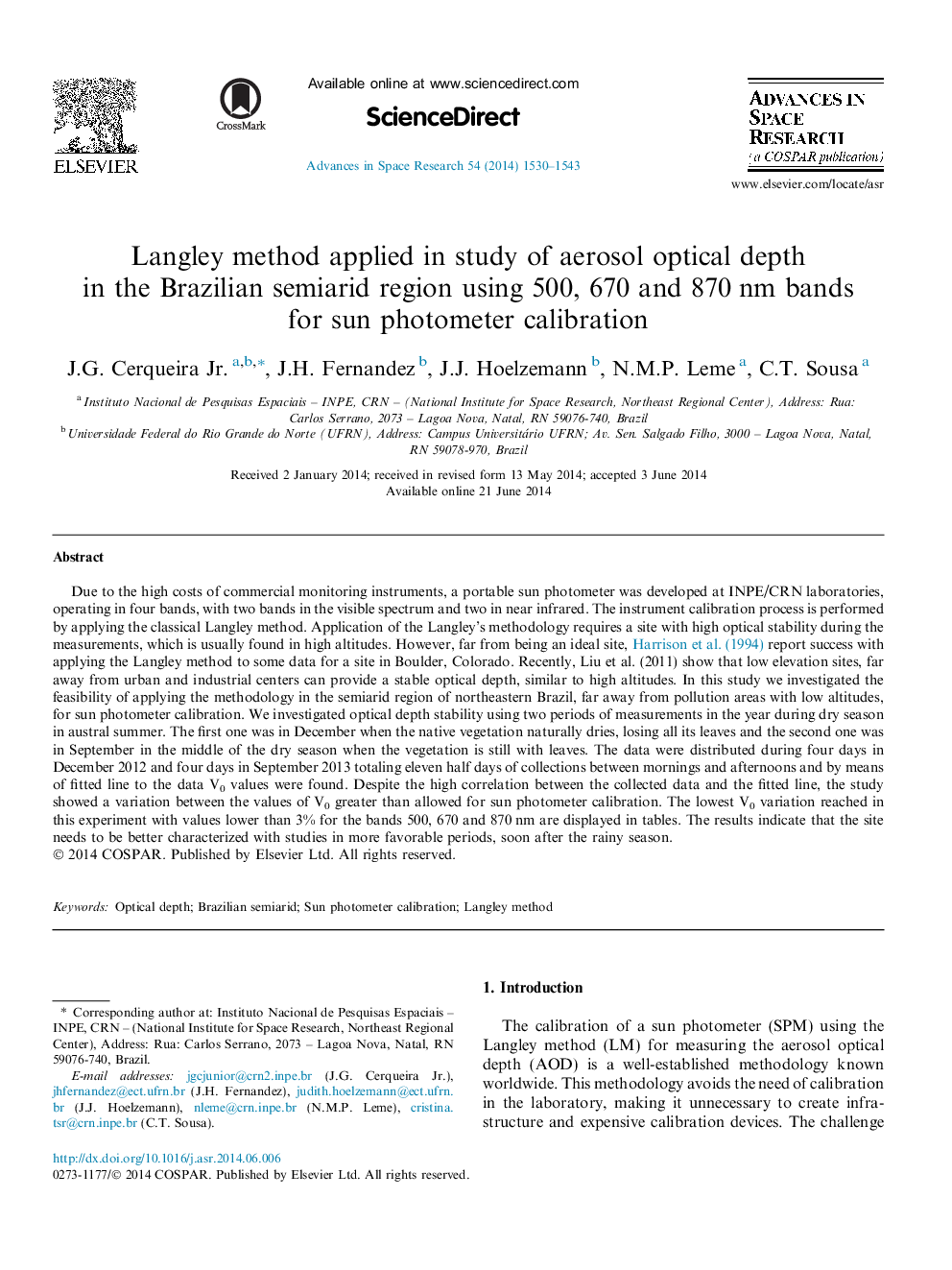 Langley method applied in study of aerosol optical depth in the Brazilian semiarid region using 500, 670 and 870 nm bands for sun photometer calibration