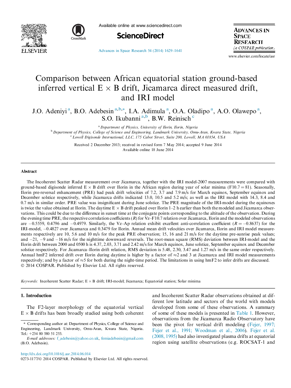 Comparison between African equatorial station ground-based inferred vertical EÂ ÃÂ B drift, Jicamarca direct measured drift, and IRI model