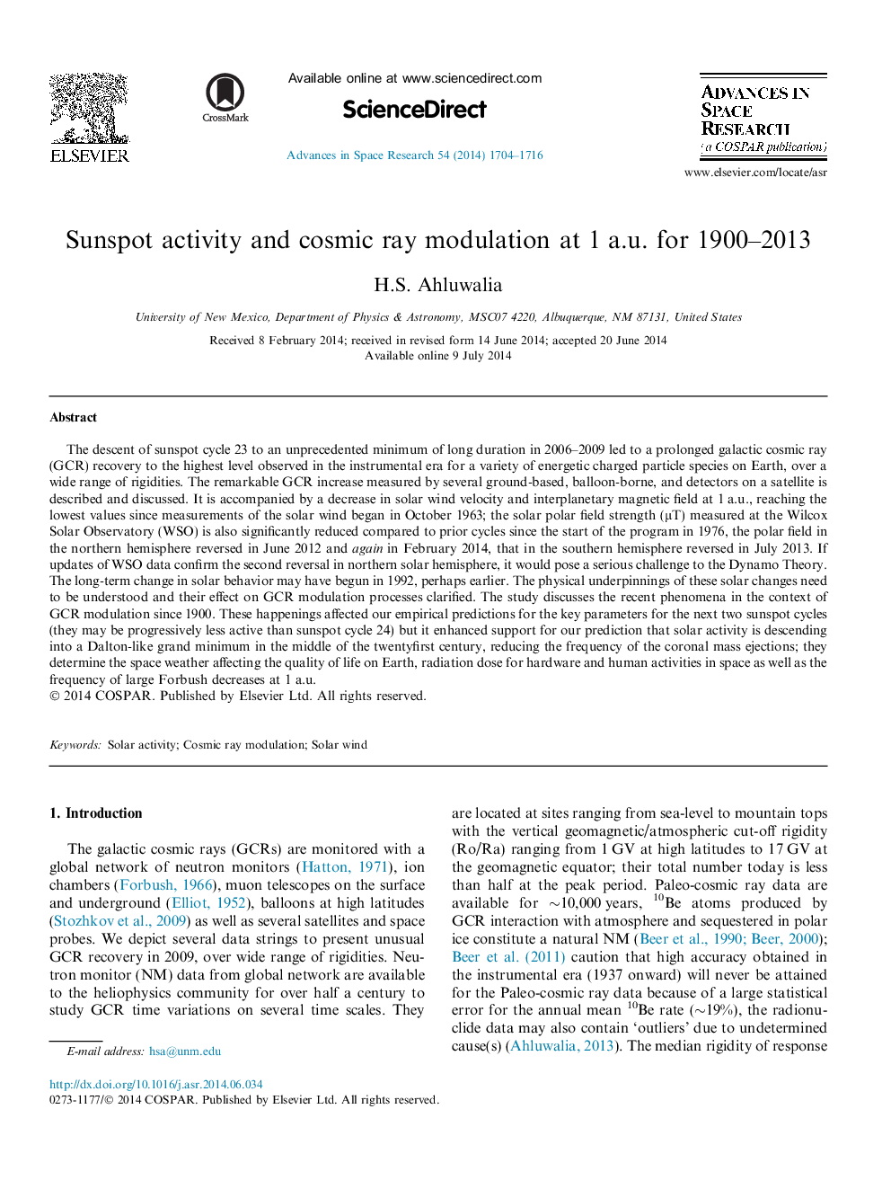 Sunspot activity and cosmic ray modulation at 1 a.u. for 1900–2013