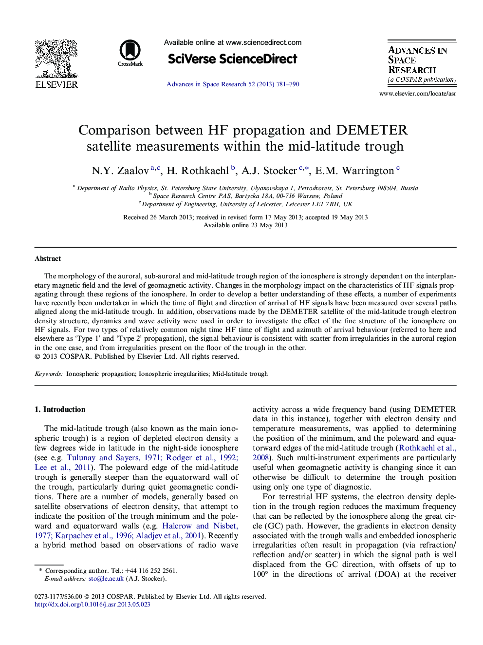 Comparison between HF propagation and DEMETER satellite measurements within the mid-latitude trough