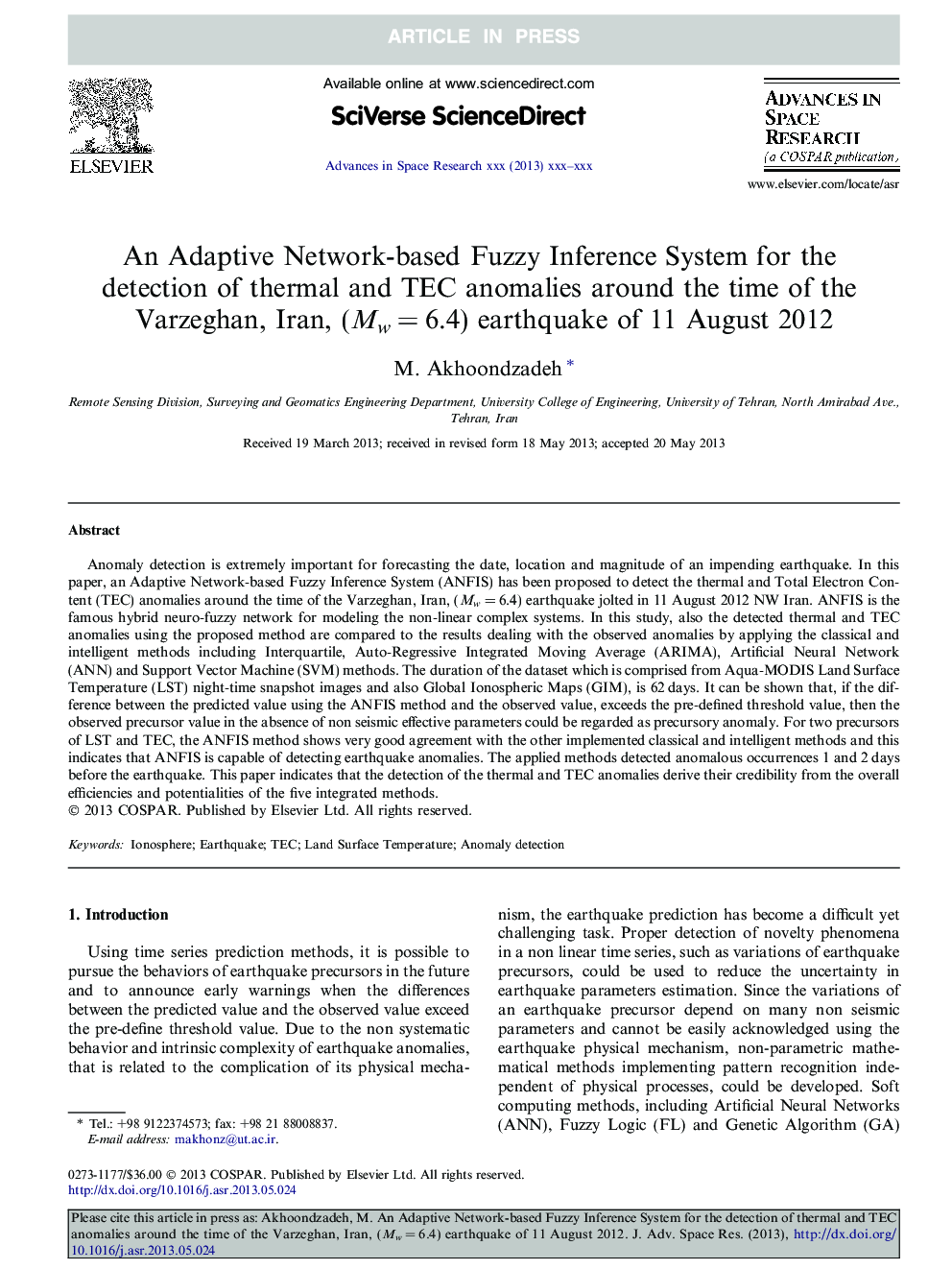 An Adaptive Network-based Fuzzy Inference System for the detection of thermal and TEC anomalies around the time of the Varzeghan, Iran, (MwÂ =Â 6.4) earthquake of 11 August 2012