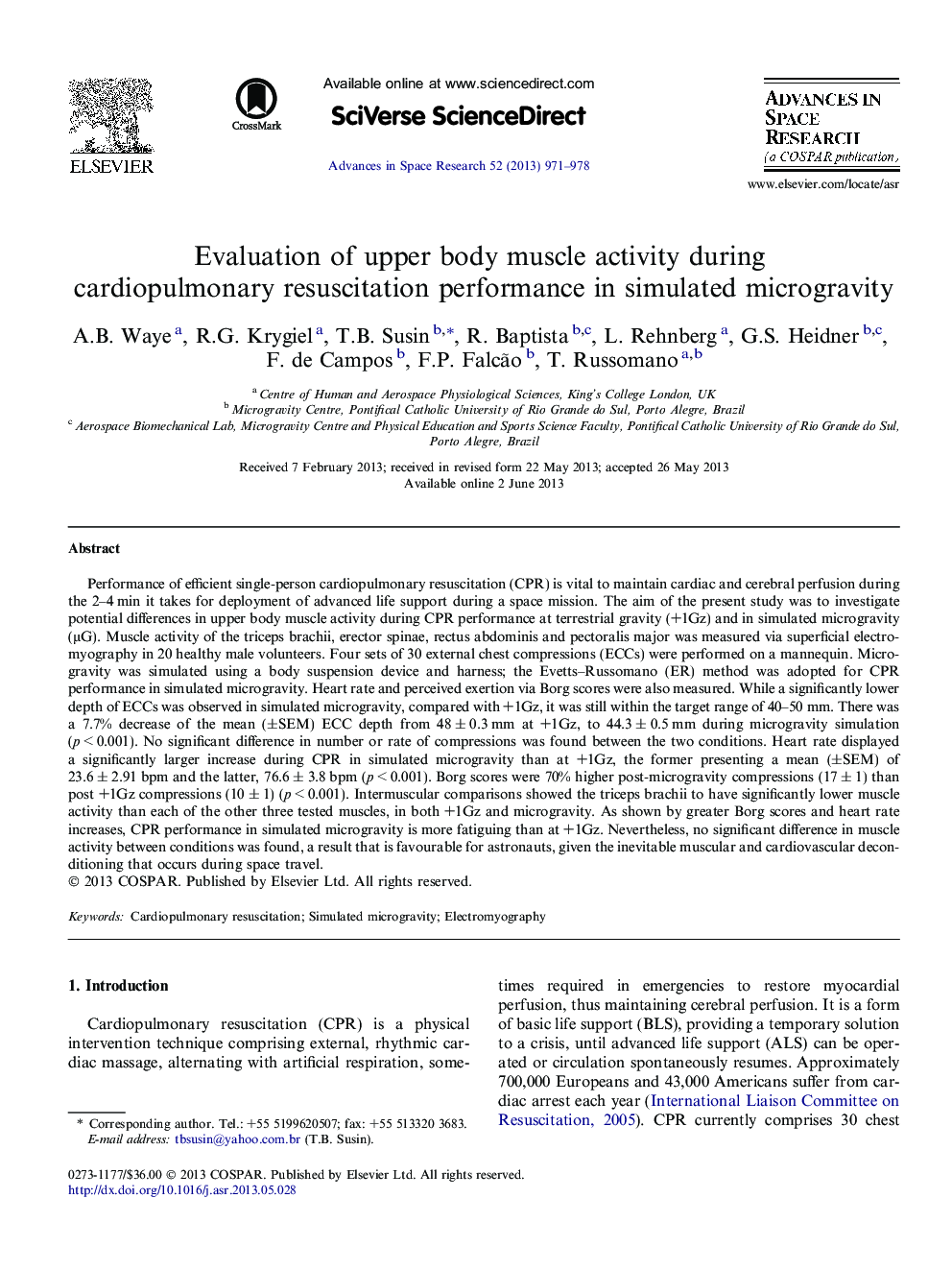 Evaluation of upper body muscle activity during cardiopulmonary resuscitation performance in simulated microgravity