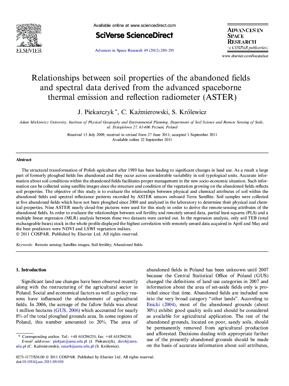 Relationships between soil properties of the abandoned fields and spectral data derived from the advanced spaceborne thermal emission and reflection radiometer (ASTER)