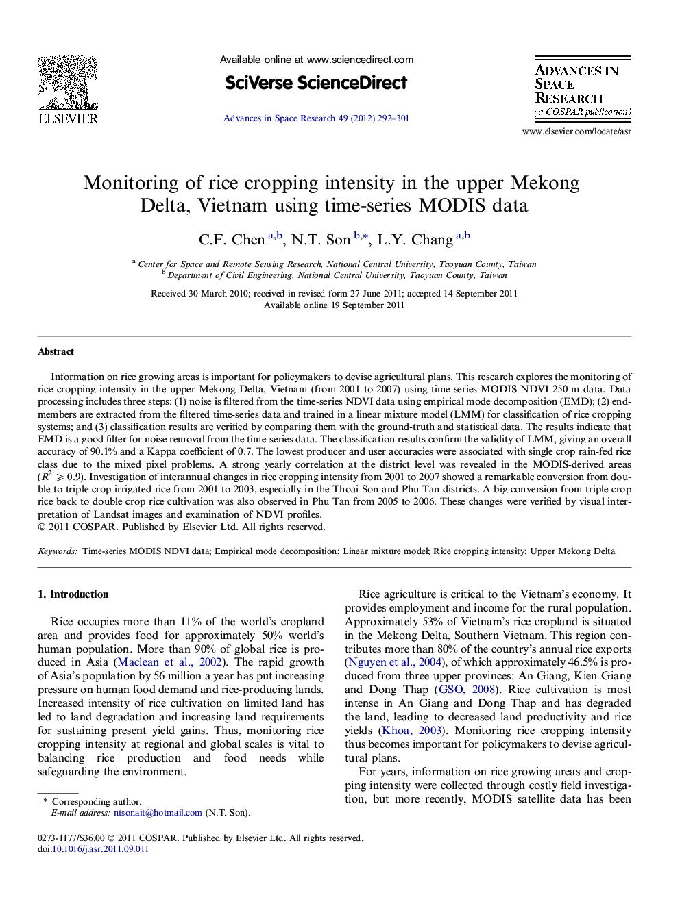 Monitoring of rice cropping intensity in the upper Mekong Delta, Vietnam using time-series MODIS data