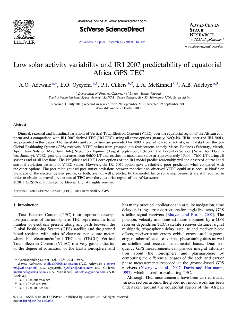 Low solar activity variability and IRI 2007 predictability of equatorial Africa GPS TEC