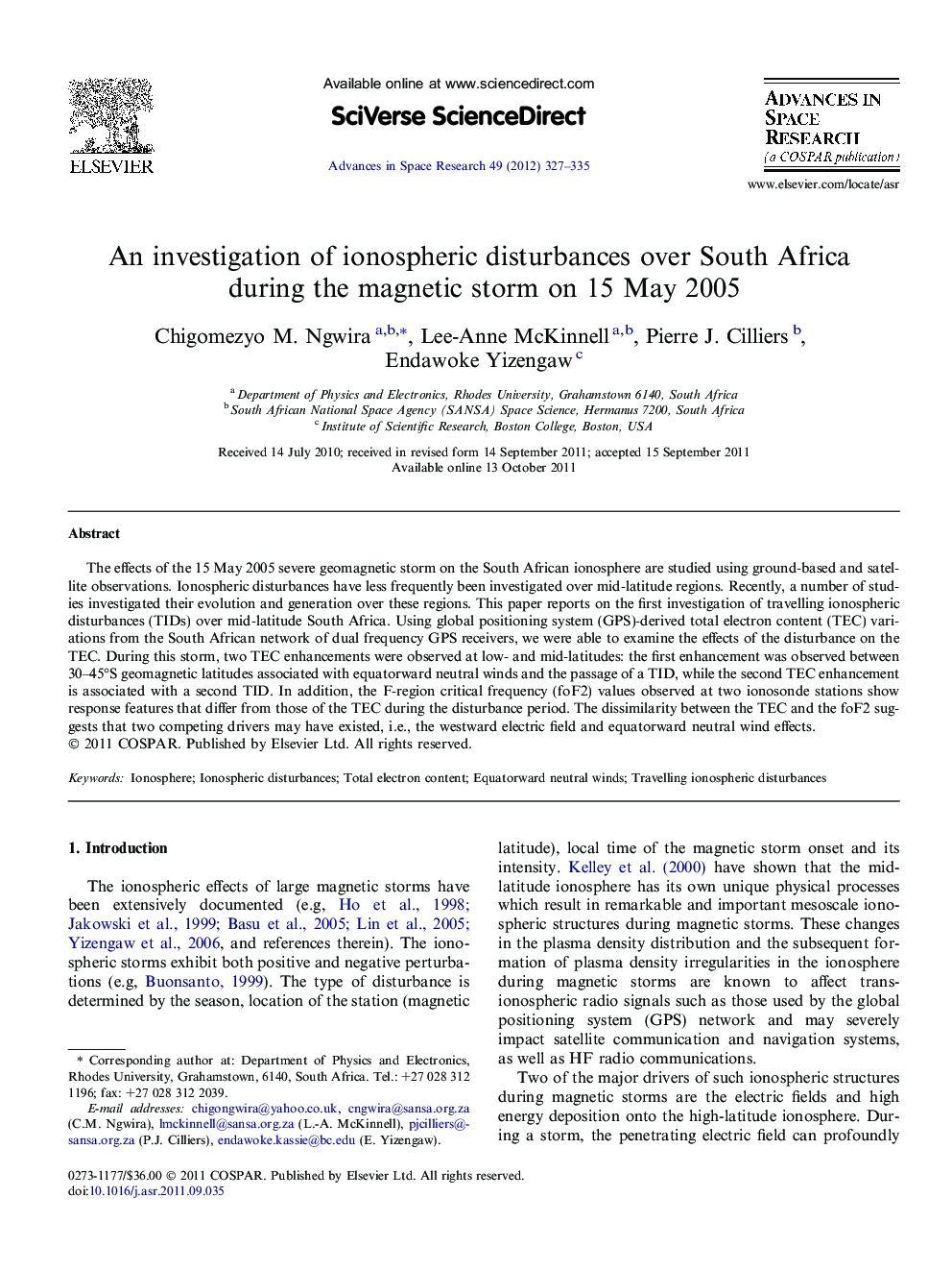 An investigation of ionospheric disturbances over South Africa during the magnetic storm on 15 May 2005