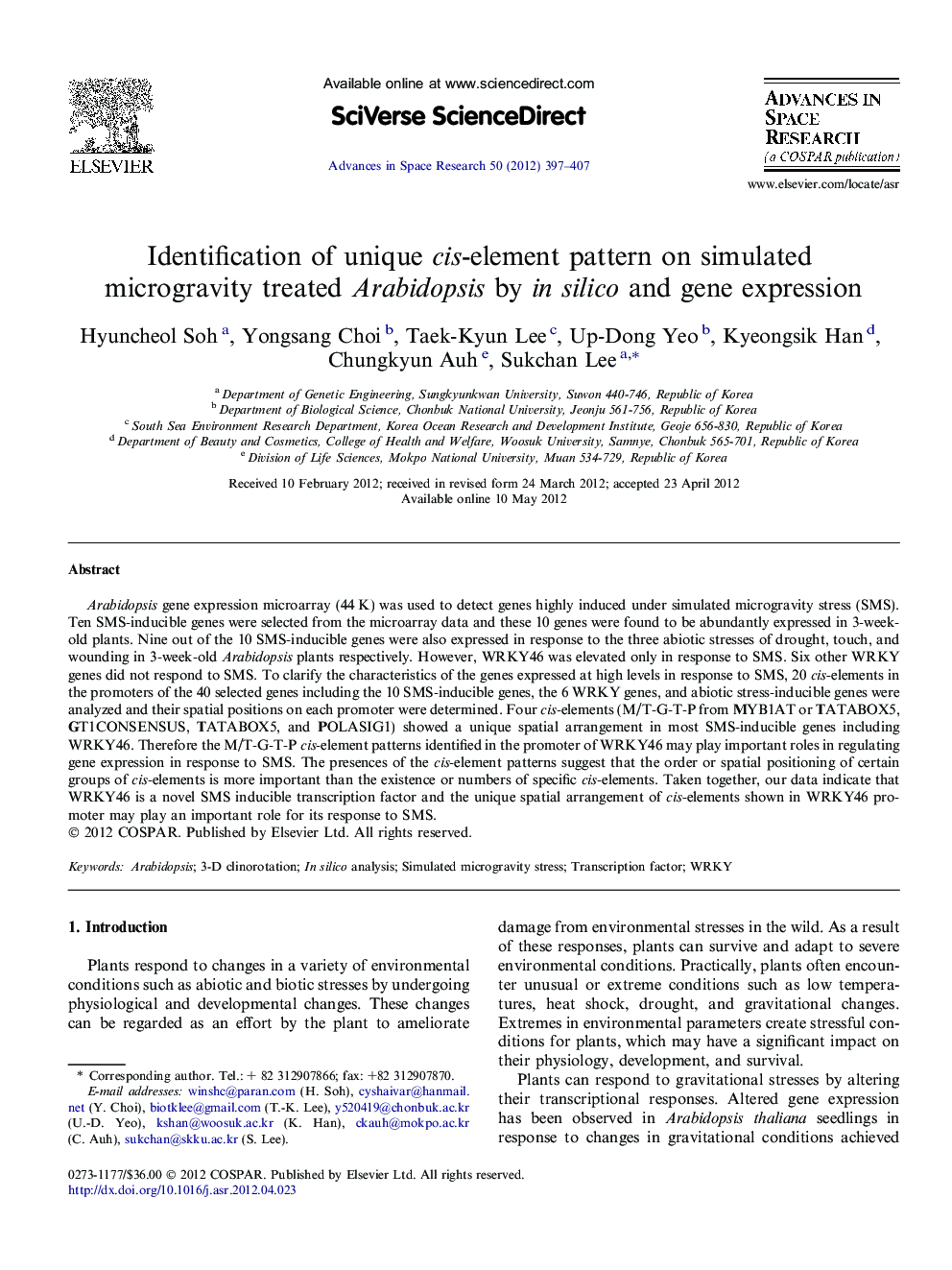 Identification of unique cis-element pattern on simulated microgravity treated Arabidopsis by in silico and gene expression