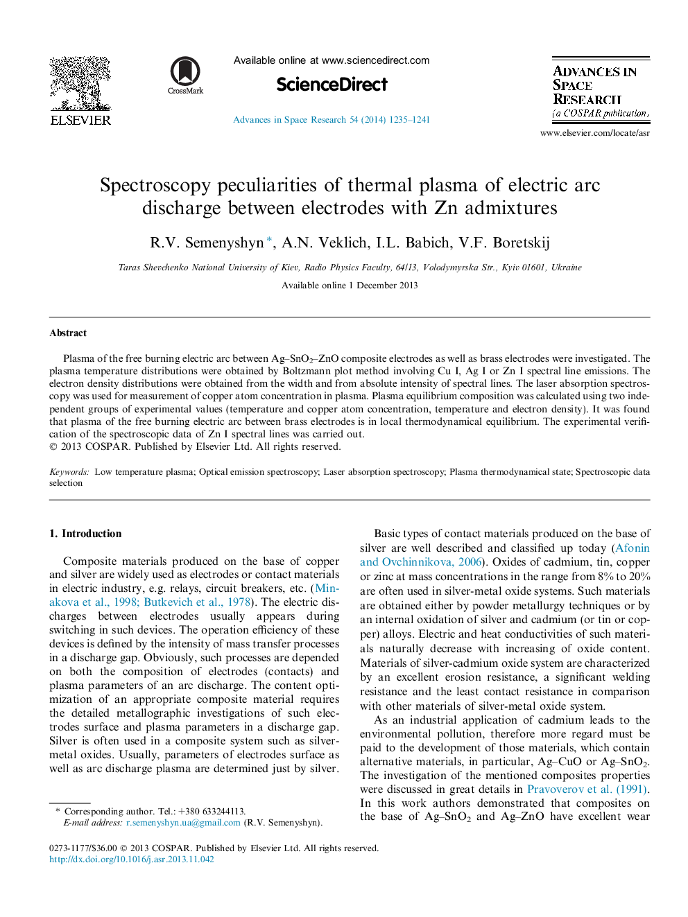 Spectroscopy peculiarities of thermal plasma of electric arc discharge between electrodes with Zn admixtures