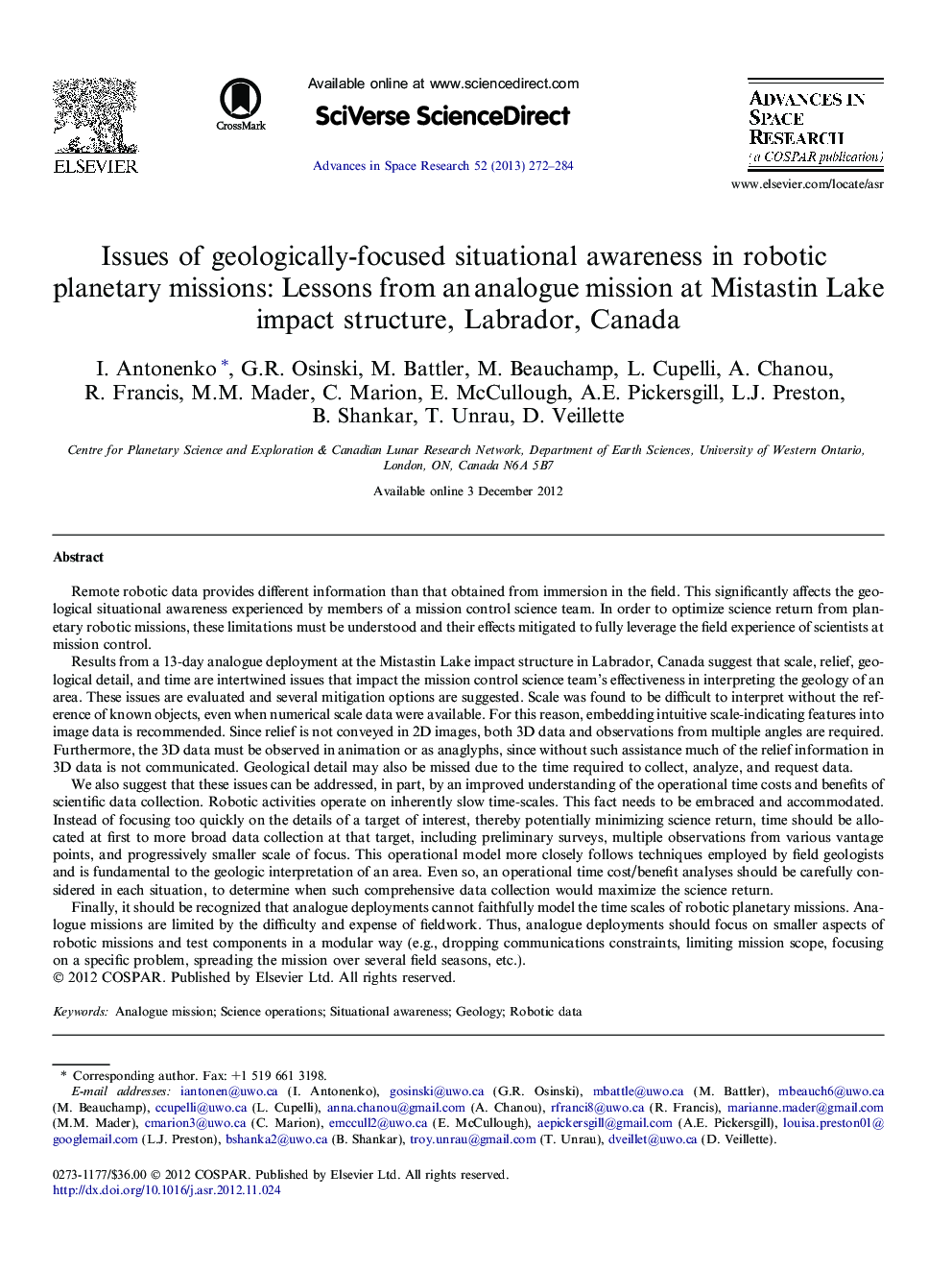 Issues of geologically-focused situational awareness in robotic planetary missions: Lessons from an analogue mission at Mistastin Lake impact structure, Labrador, Canada