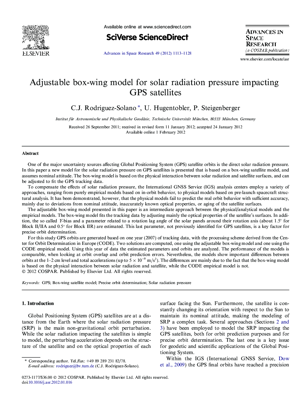 Adjustable box-wing model for solar radiation pressure impacting GPS satellites