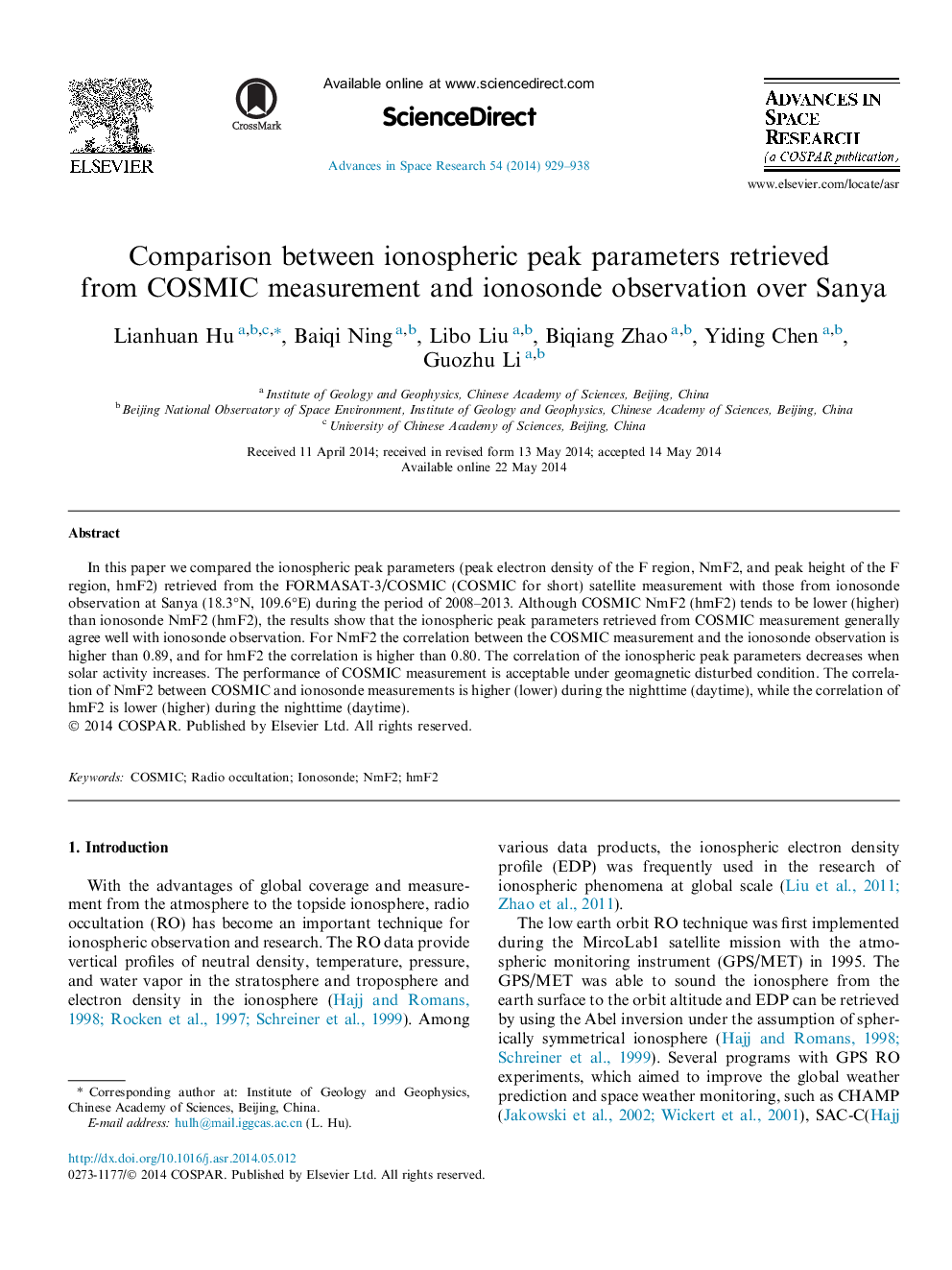 Comparison between ionospheric peak parameters retrieved from COSMIC measurement and ionosonde observation over Sanya