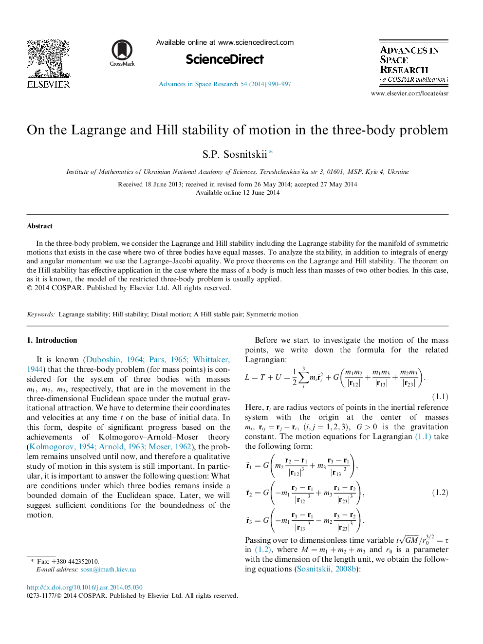 On the Lagrange and Hill stability of motion in the three-body problem