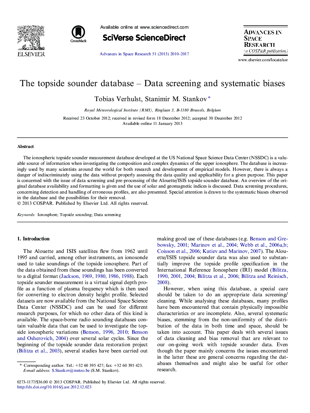 The topside sounder database - Data screening and systematic biases