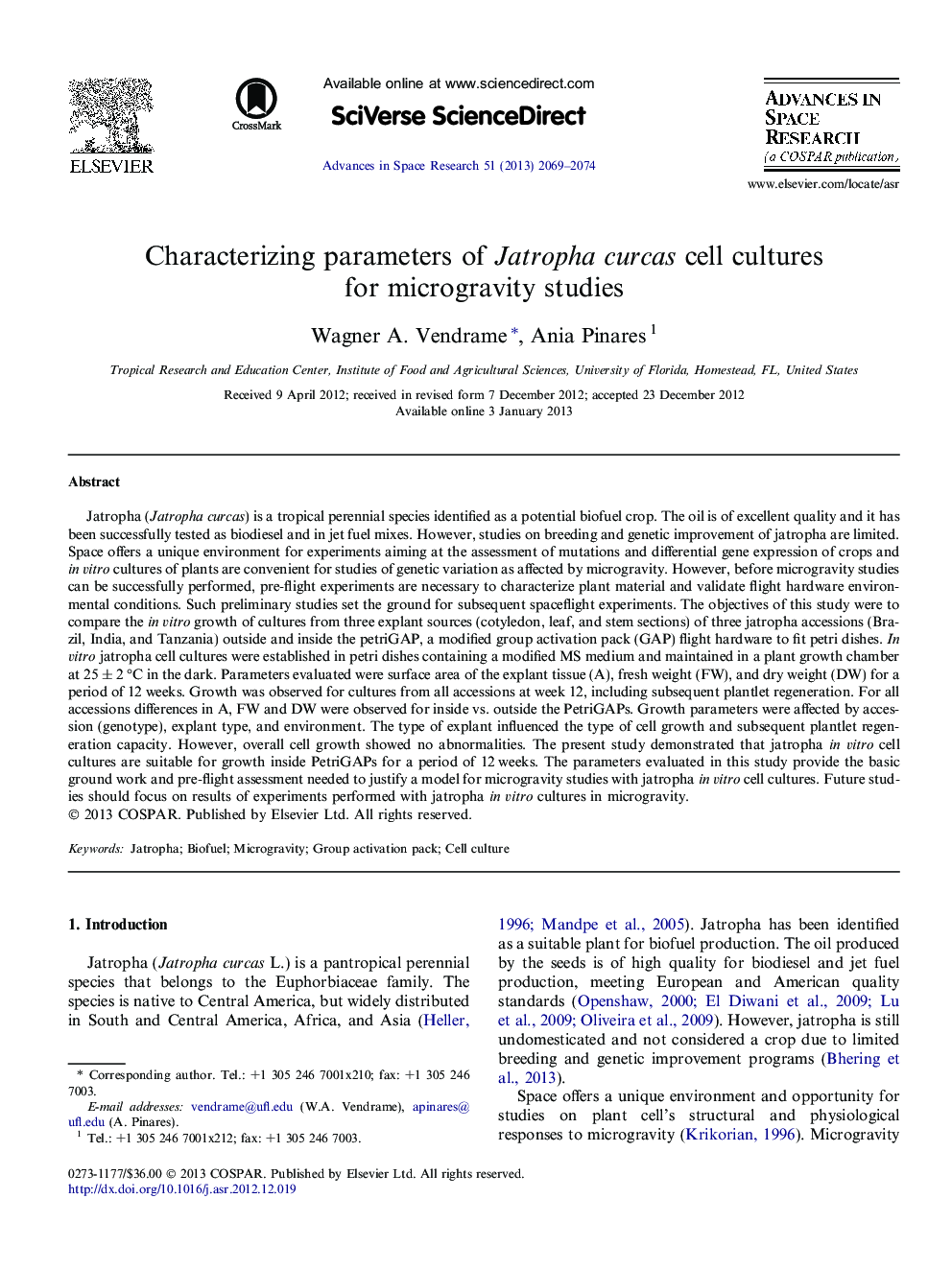 Characterizing parameters of Jatropha curcas cell cultures for microgravity studies