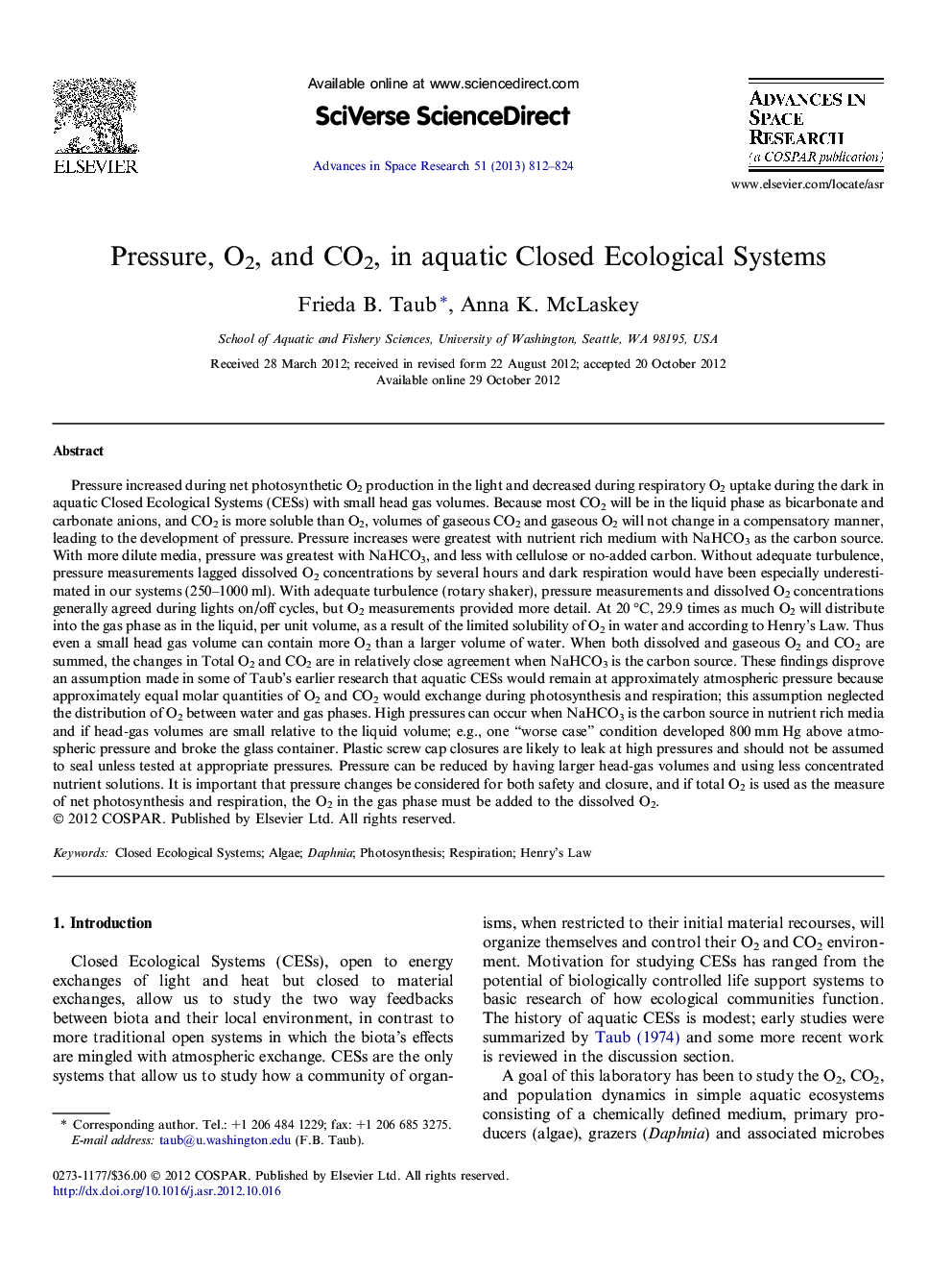Pressure, O2, and CO2, in aquatic Closed Ecological Systems