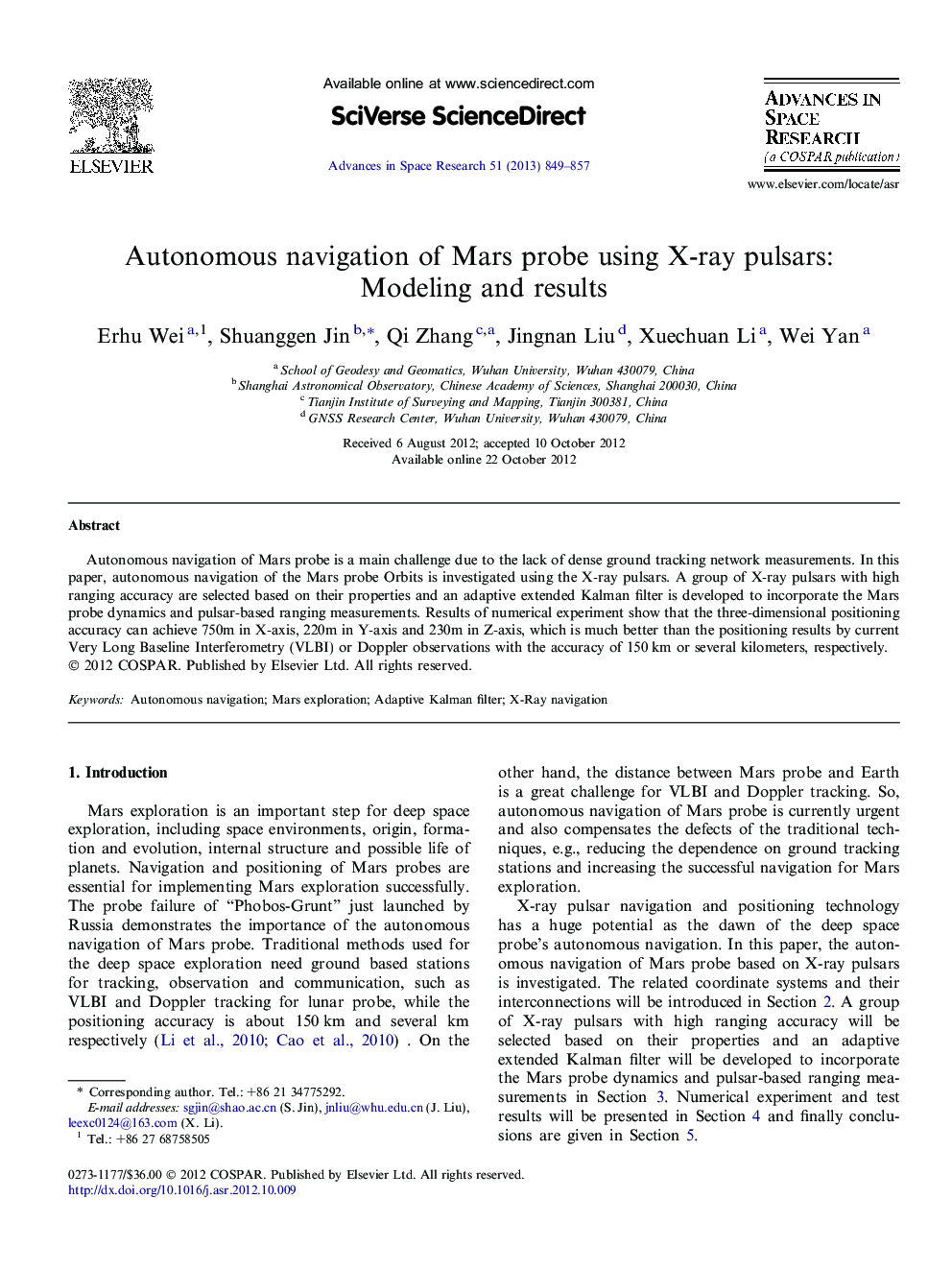 Autonomous navigation of Mars probe using X-ray pulsars: Modeling and results