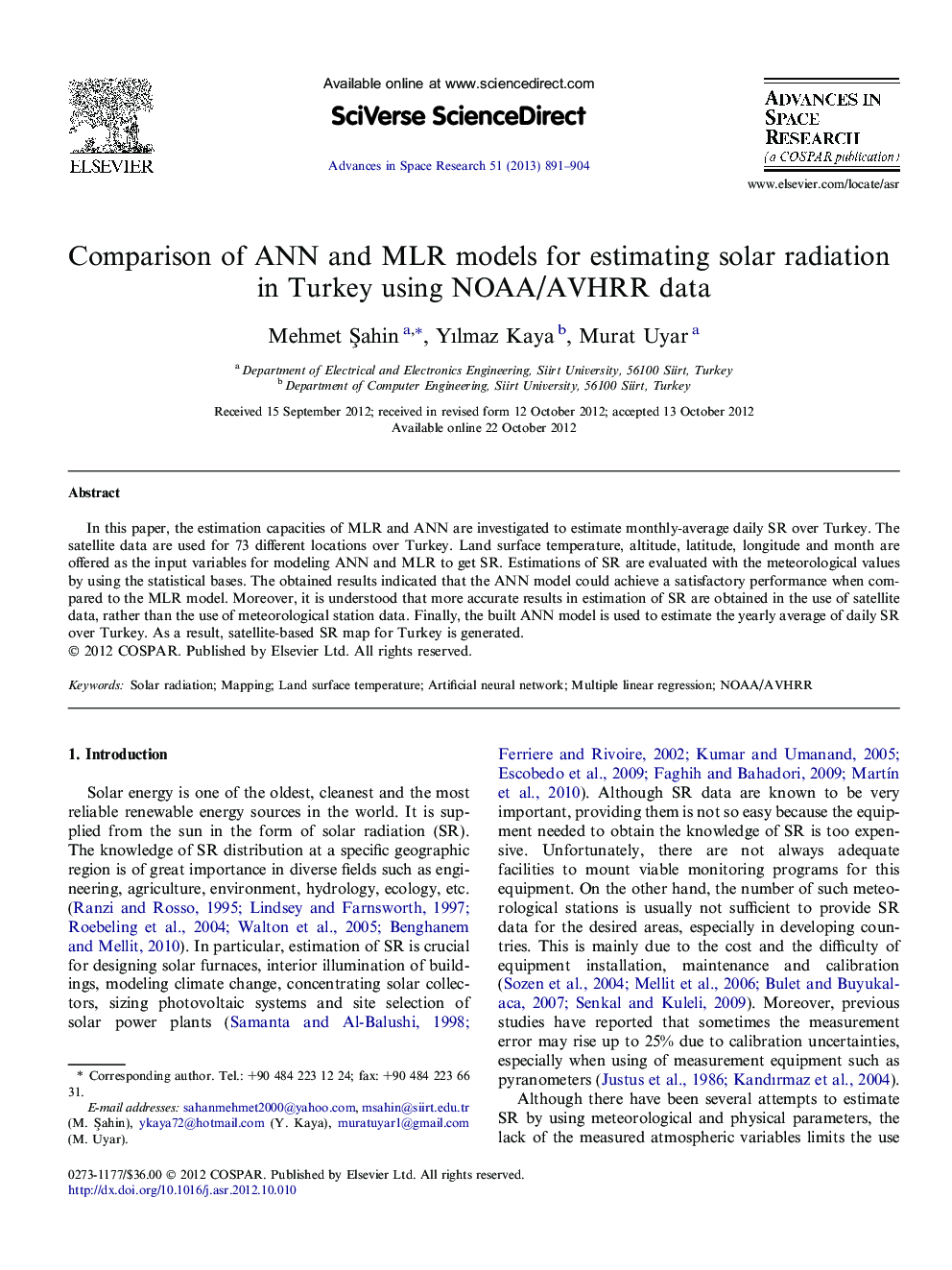 Comparison of ANN and MLR models for estimating solar radiation in Turkey using NOAA/AVHRR data