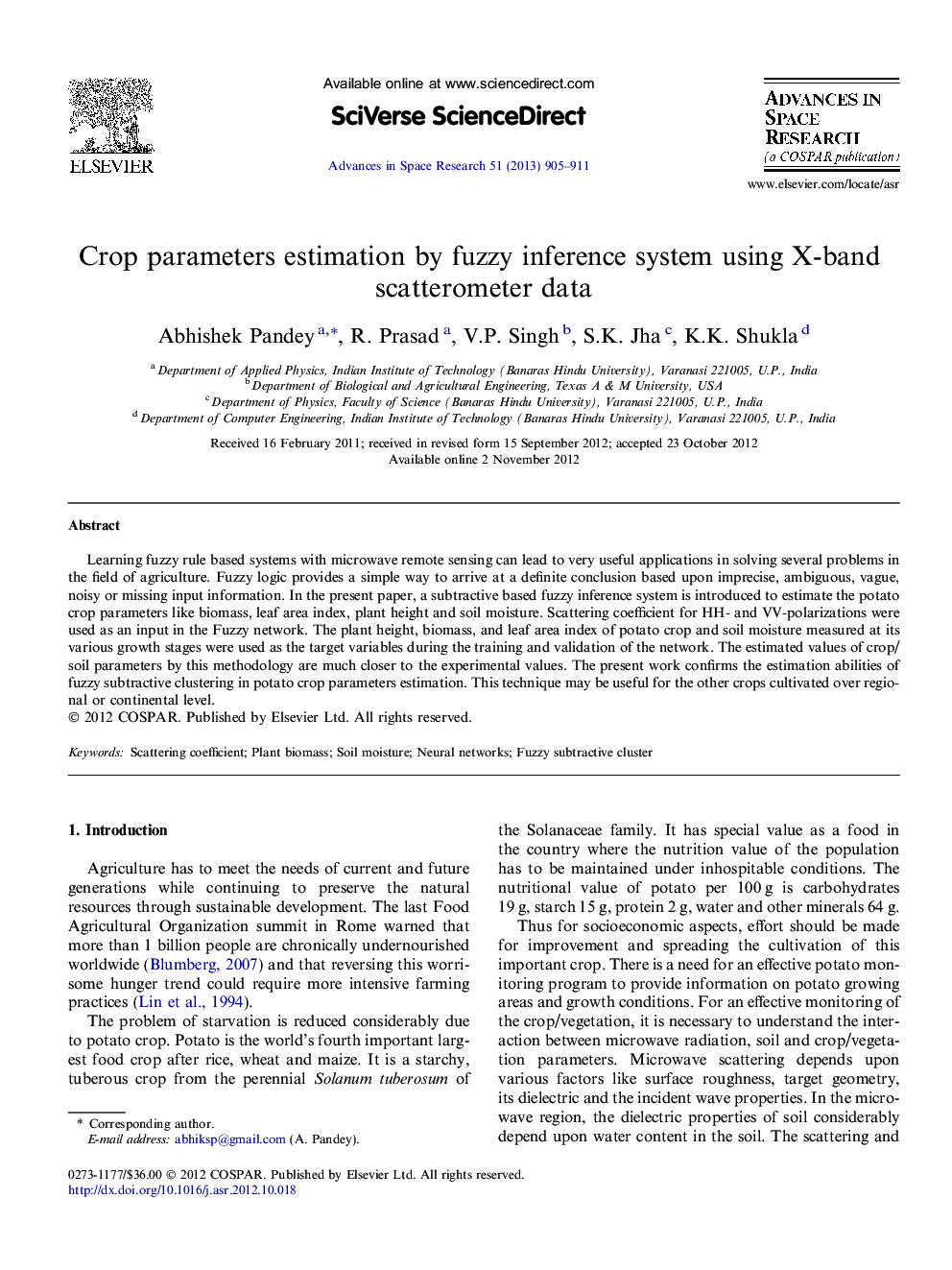 Crop parameters estimation by fuzzy inference system using X-band scatterometer data
