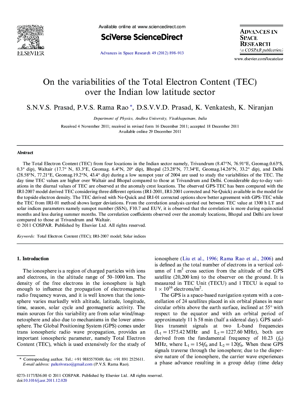 On the variabilities of the Total Electron Content (TEC) over the Indian low latitude sector