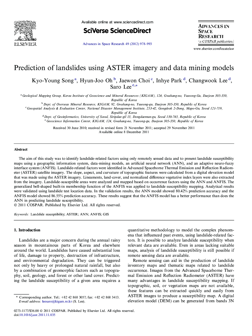 Prediction of landslides using ASTER imagery and data mining models