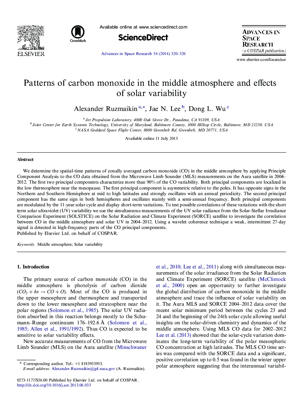 Patterns of carbon monoxide in the middle atmosphere and effects of solar variability