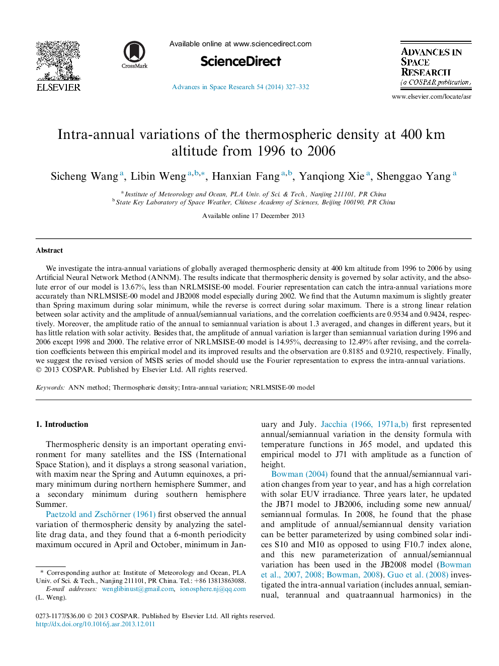 Intra-annual variations of the thermospheric density at 400 km altitude from 1996 to 2006