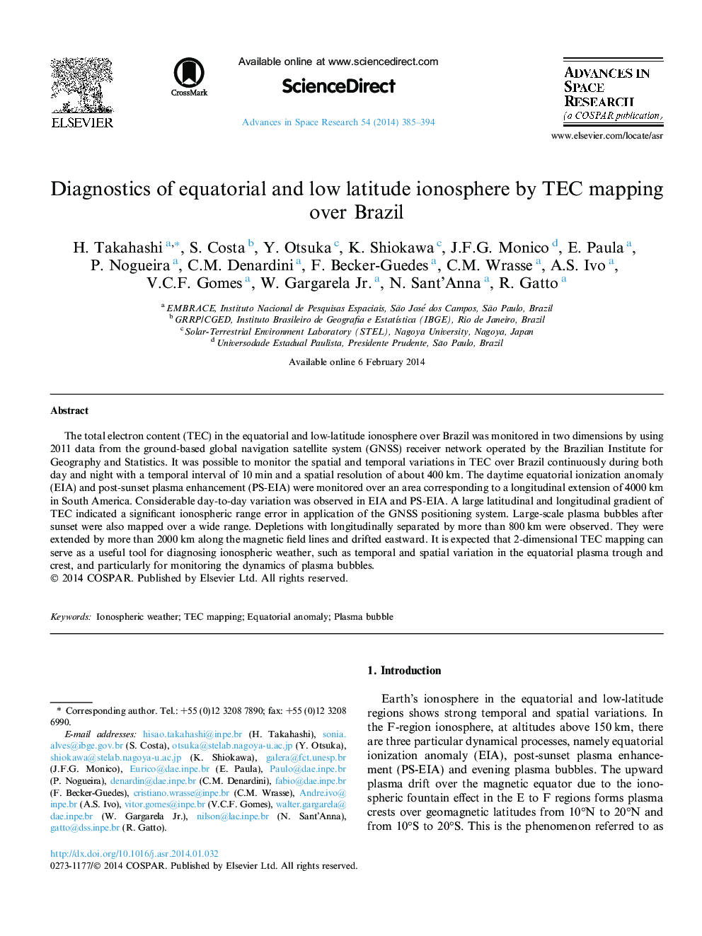 Diagnostics of equatorial and low latitude ionosphere by TEC mapping over Brazil