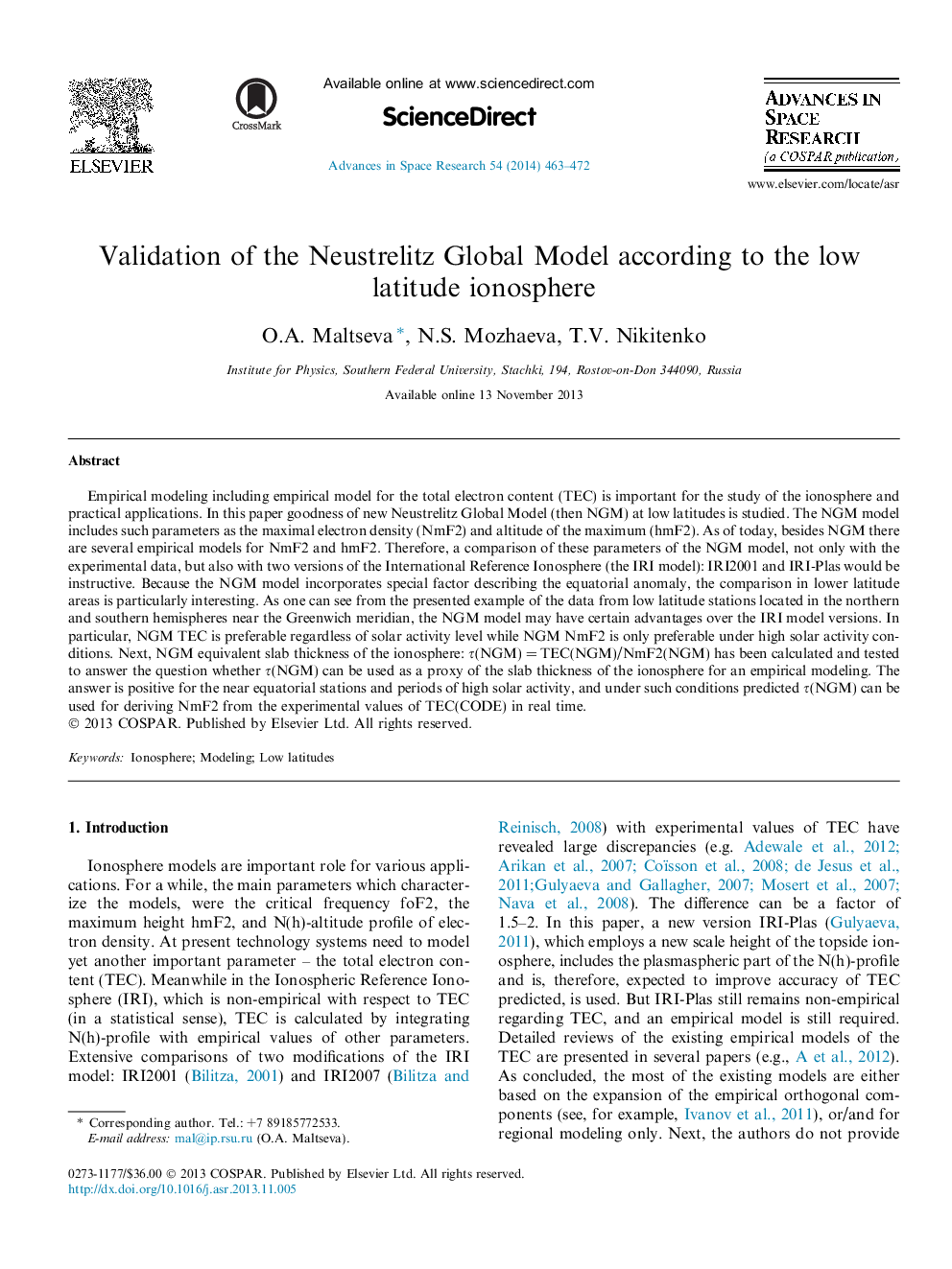 Validation of the Neustrelitz Global Model according to the low latitude ionosphere