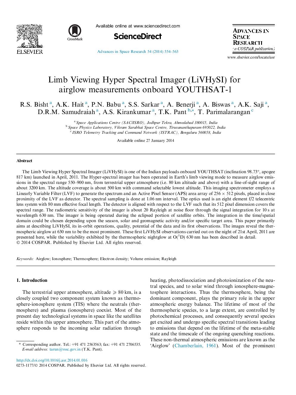 Limb Viewing Hyper Spectral Imager (LiVHySI) for airglow measurements onboard YOUTHSAT-1