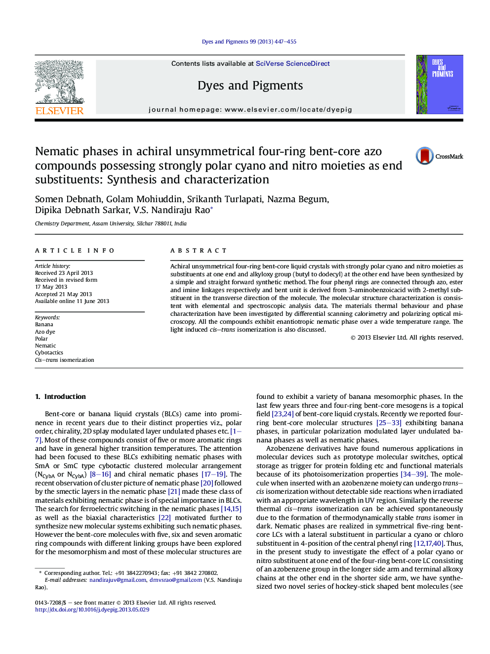 Nematic phases in achiral unsymmetrical four-ring bent-core azo compounds possessing strongly polar cyano and nitro moieties as end substituents: Synthesis and characterization