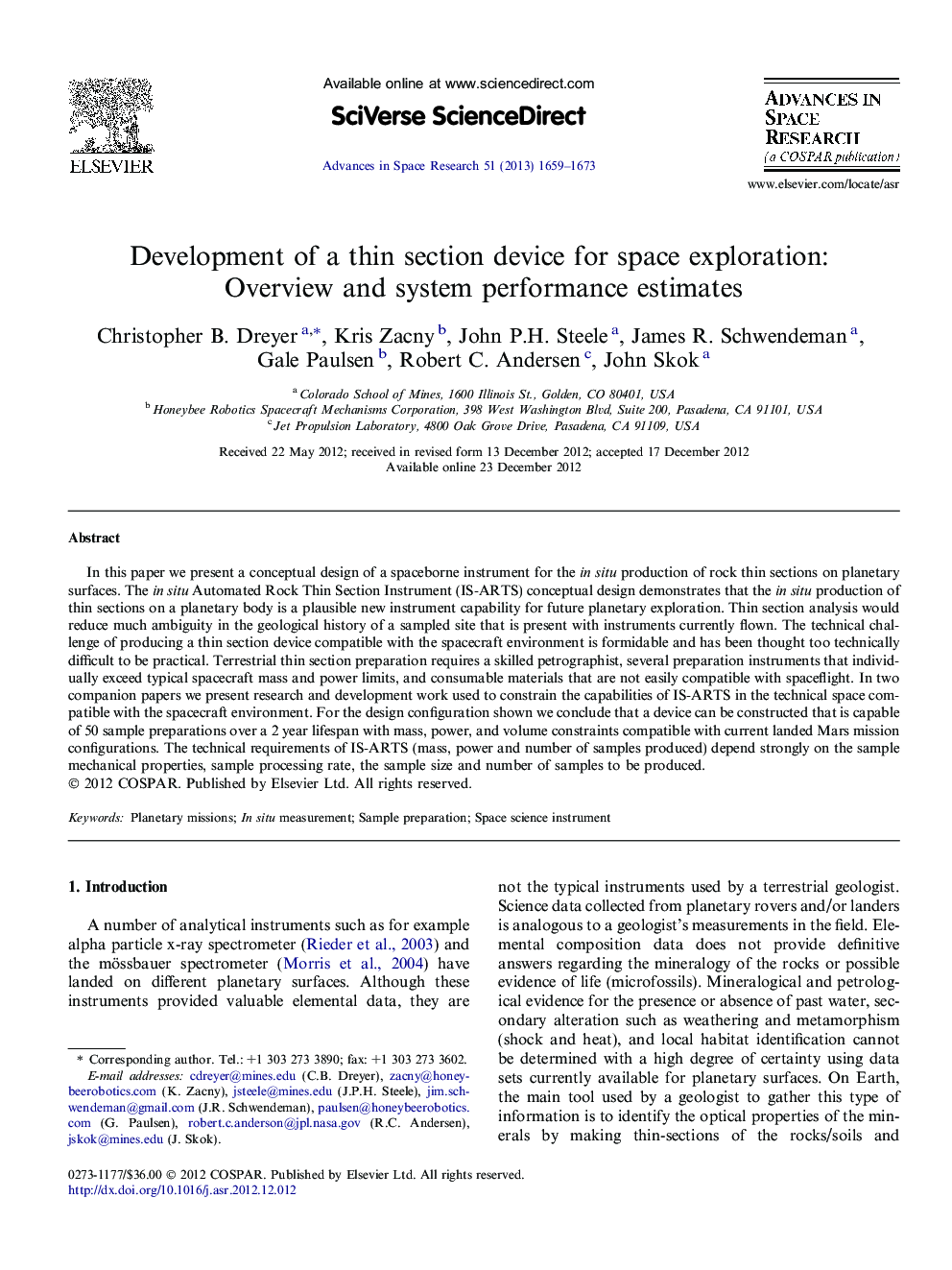 Development of a thin section device for space exploration: Overview and system performance estimates