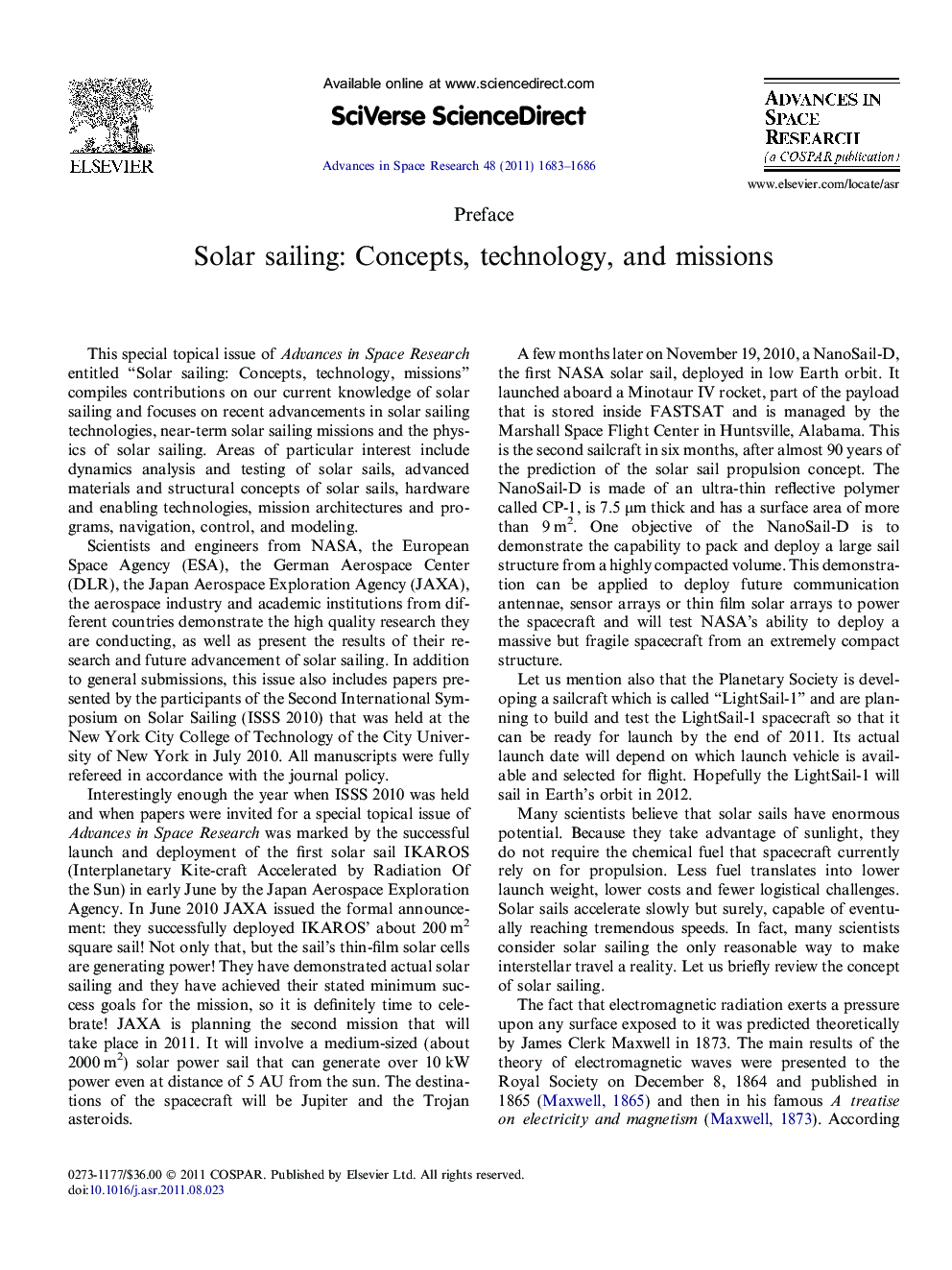 Preface. Solar sailing: Concepts, technology, and missions