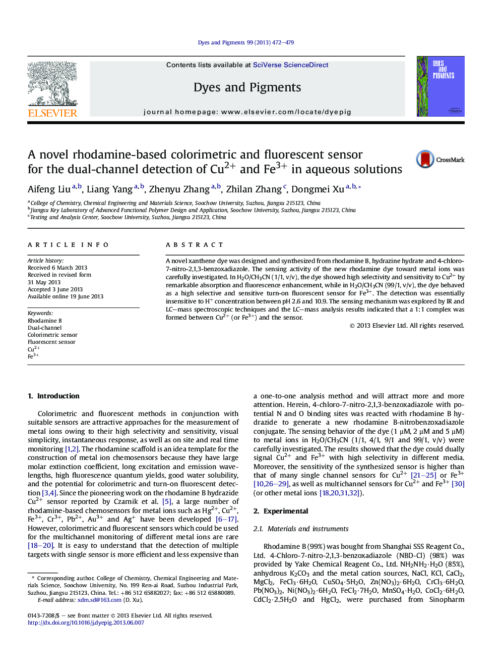 A novel rhodamine-based colorimetric and fluorescent sensor for the dual-channel detection of Cu2+ and Fe3+ in aqueous solutions