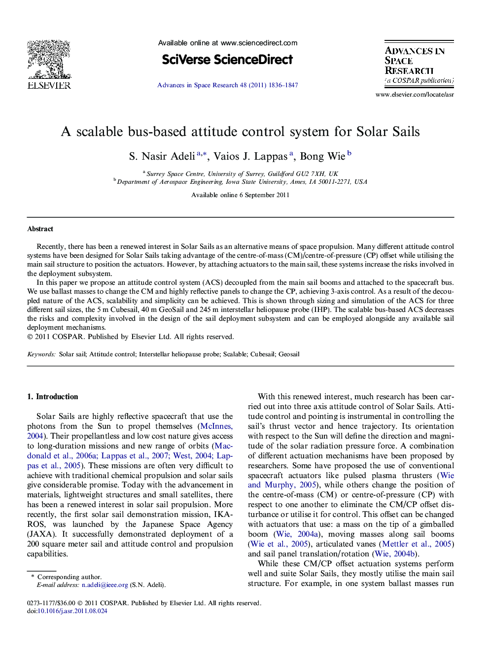 A scalable bus-based attitude control system for Solar Sails