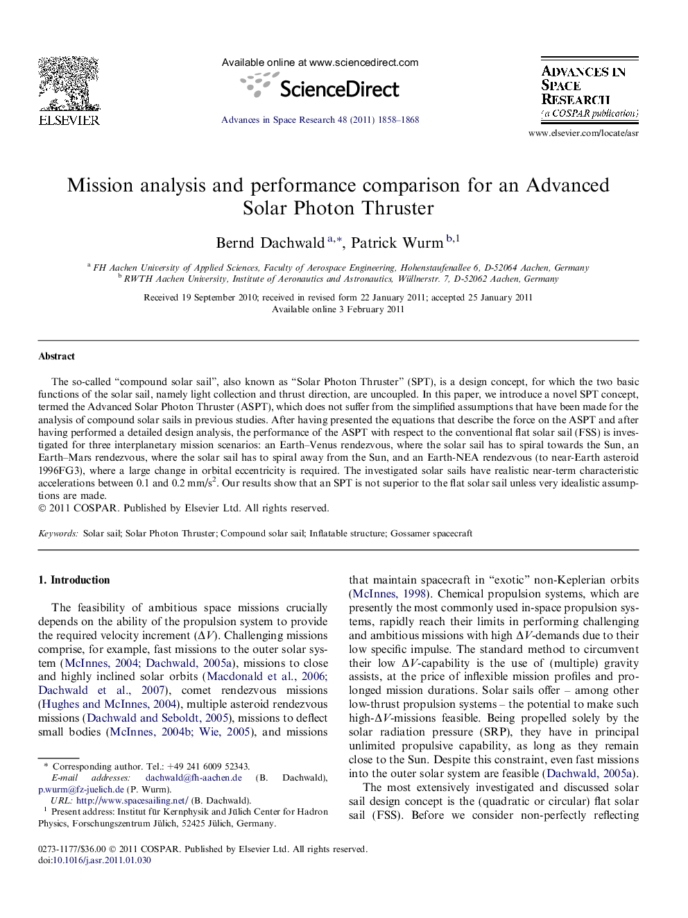 Mission analysis and performance comparison for an Advanced Solar Photon Thruster