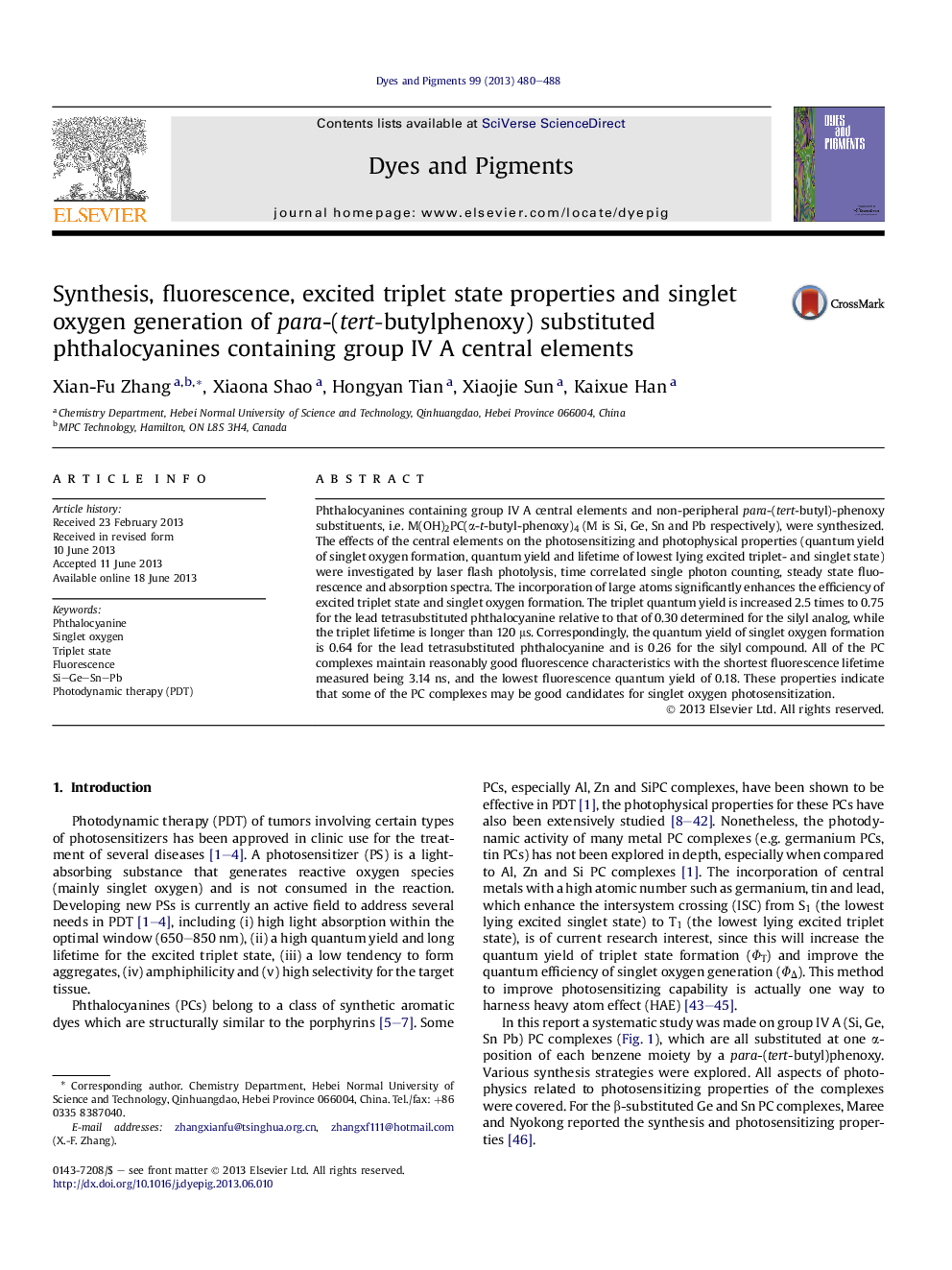 Synthesis, fluorescence, excited triplet state properties and singlet oxygen generation of para-(tert-butylphenoxy) substituted phthalocyanines containing group IV A central elements