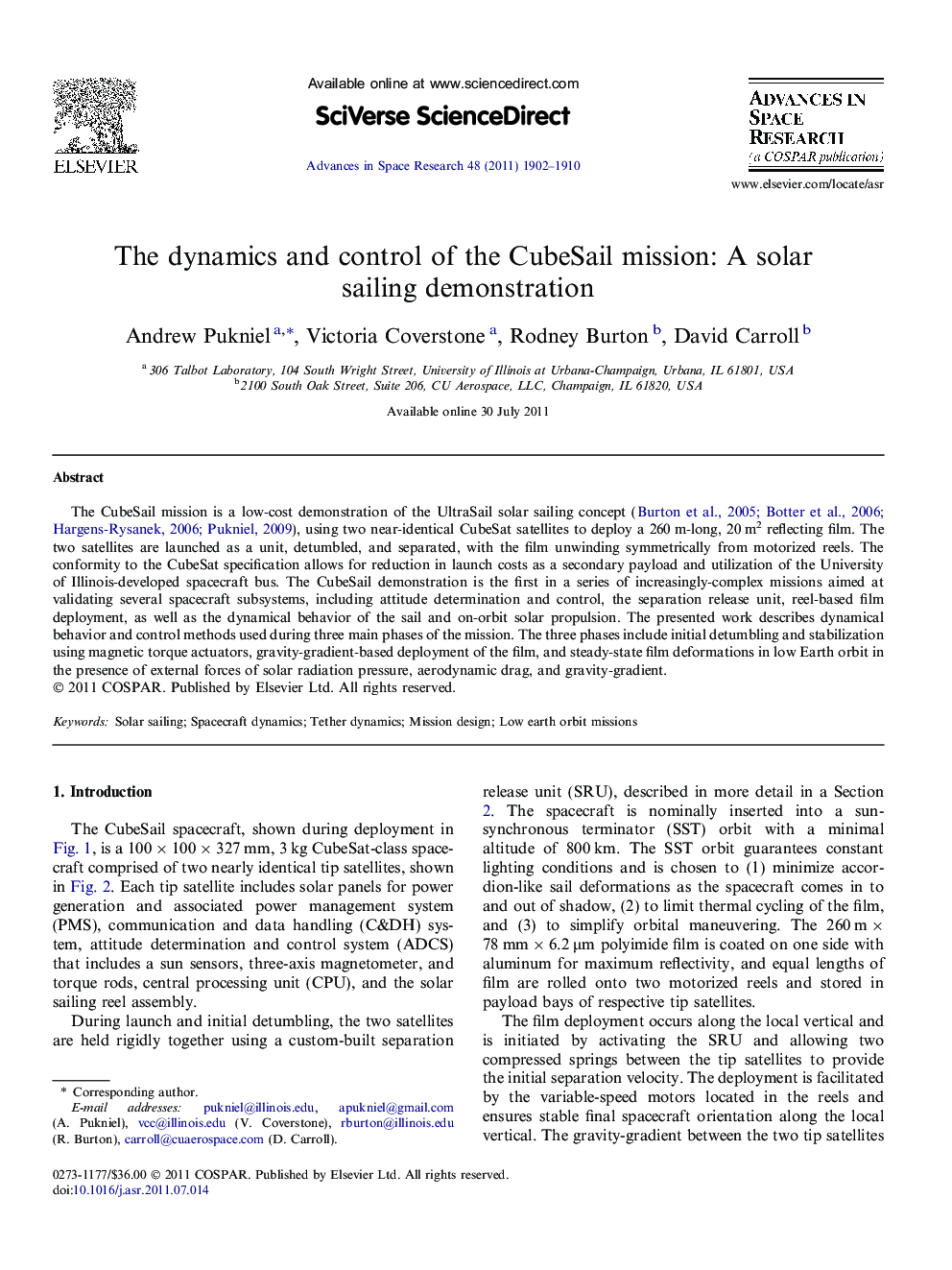 The dynamics and control of the CubeSail mission: A solar sailing demonstration