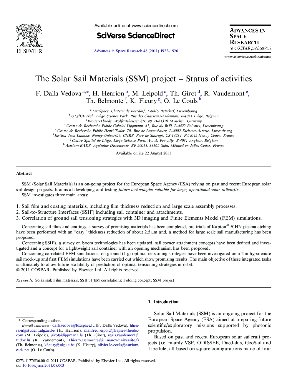 The Solar Sail Materials (SSM) project – Status of activities