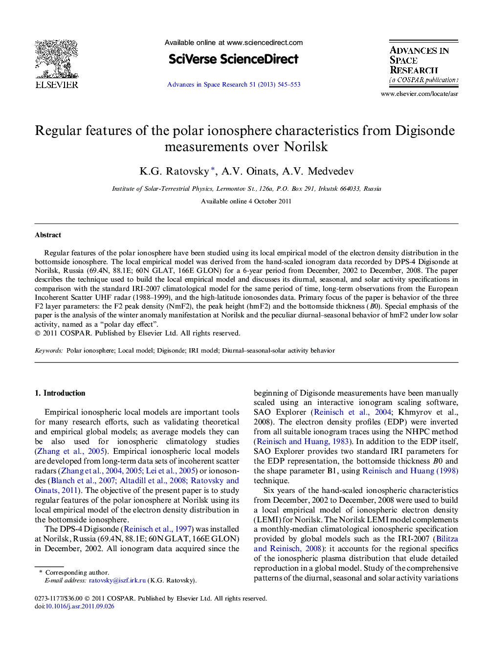 Regular features of the polar ionosphere characteristics from Digisonde measurements over Norilsk