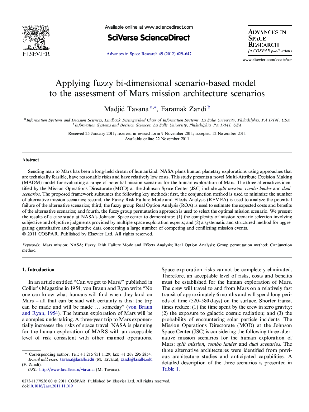 Applying fuzzy bi-dimensional scenario-based model to the assessment of Mars mission architecture scenarios