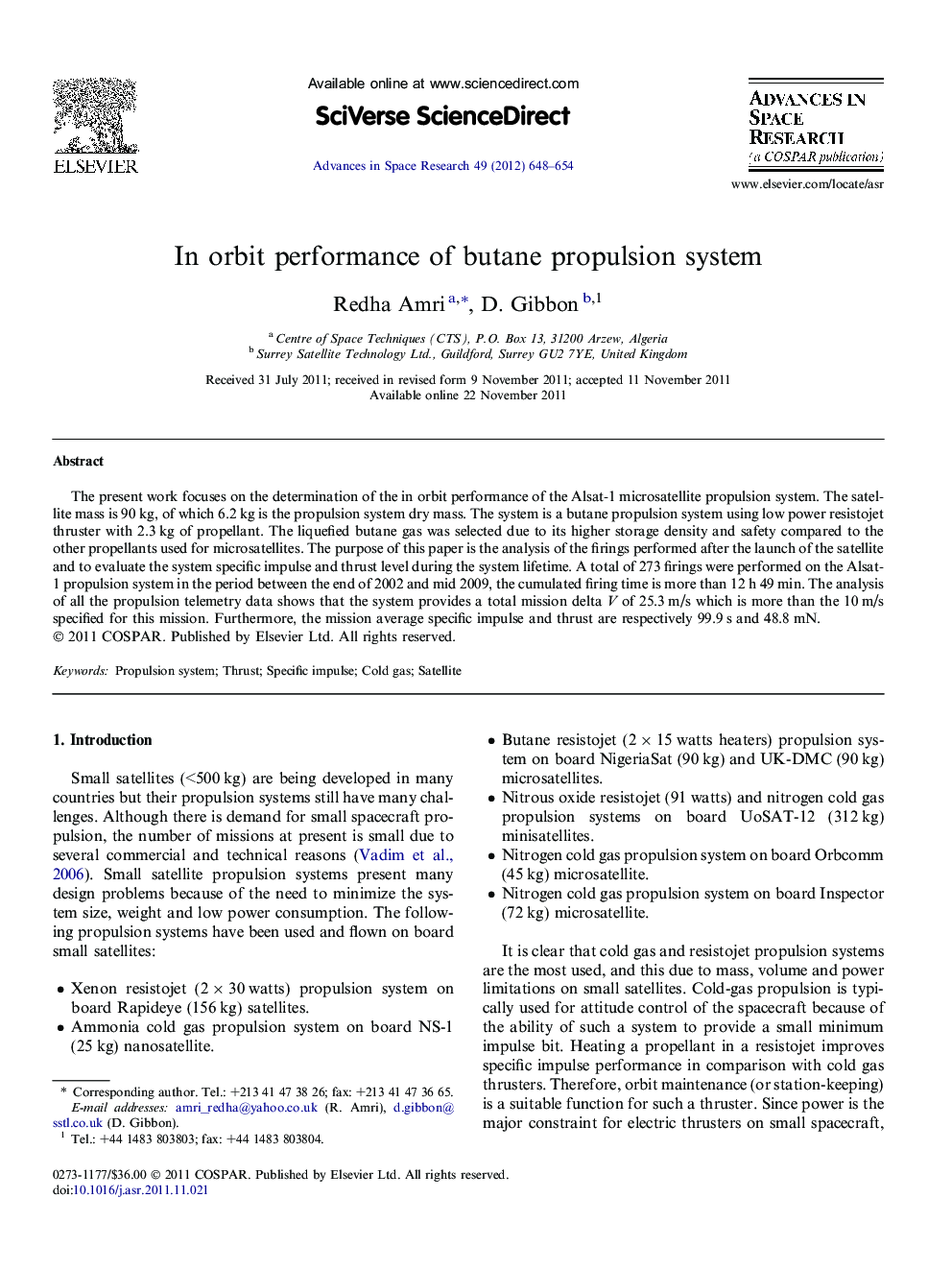 In orbit performance of butane propulsion system