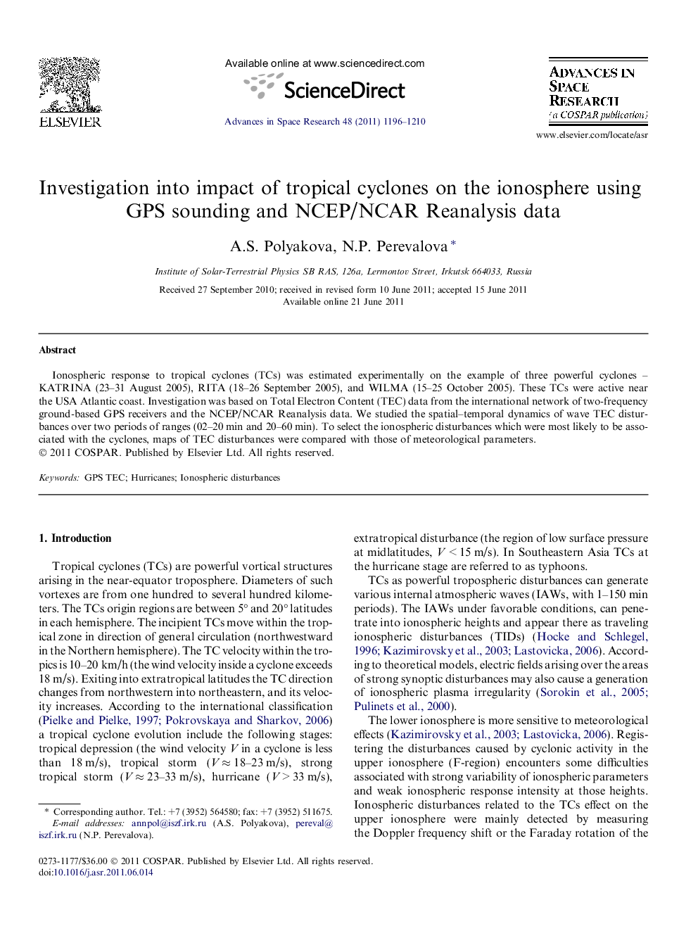 Investigation into impact of tropical cyclones on the ionosphere using GPS sounding and NCEP/NCAR Reanalysis data