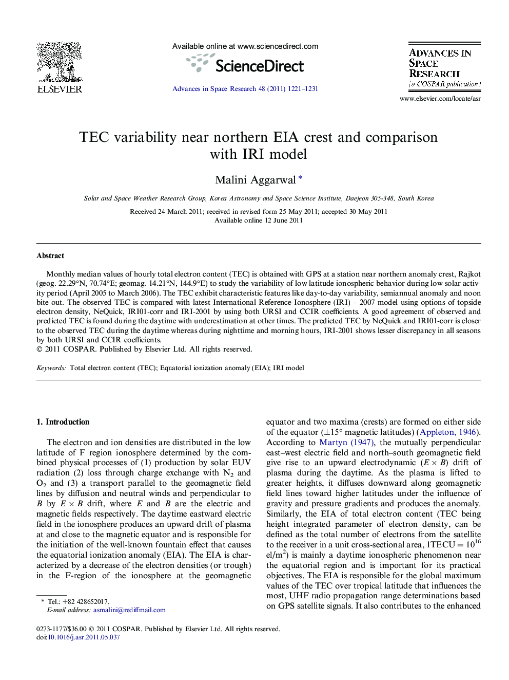 TEC variability near northern EIA crest and comparison with IRI model