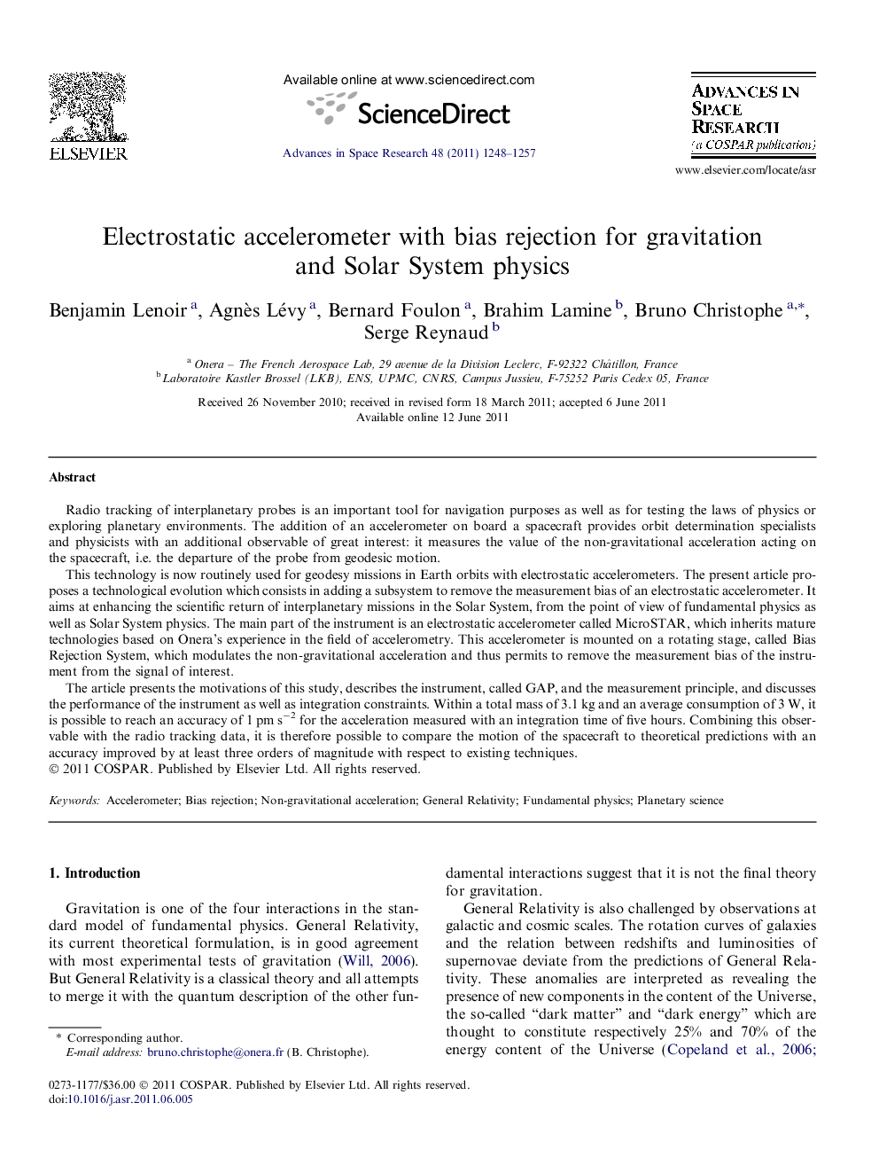 Electrostatic accelerometer with bias rejection for gravitation and Solar System physics